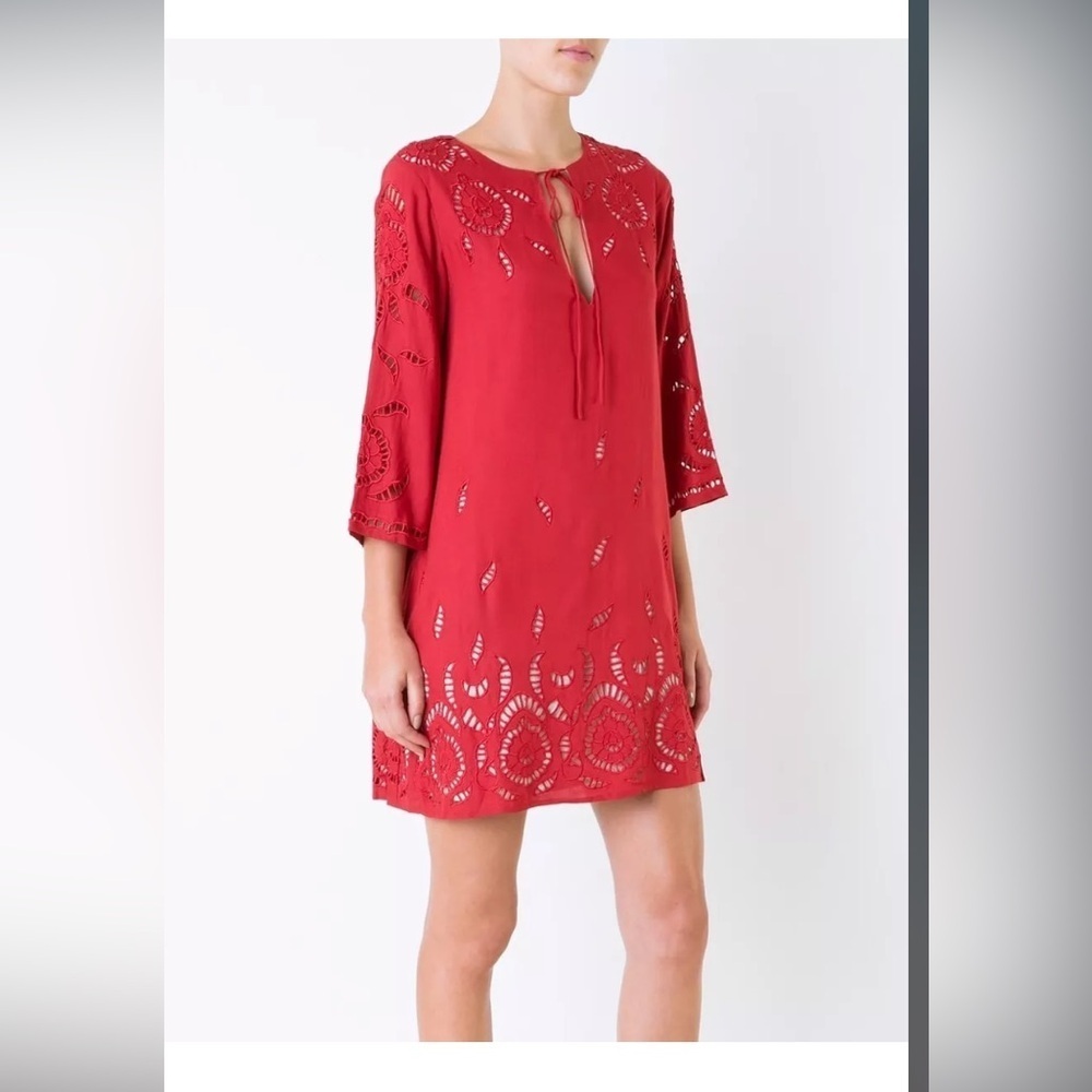 ALICE+OLIVIA EMBROIDERED MORGAN LACE EYELET RED TUNIC LINED DRESS SZ MEDIUM